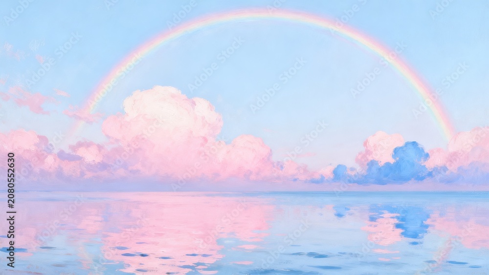Naklejka premium Rainbow over calm water with clouds