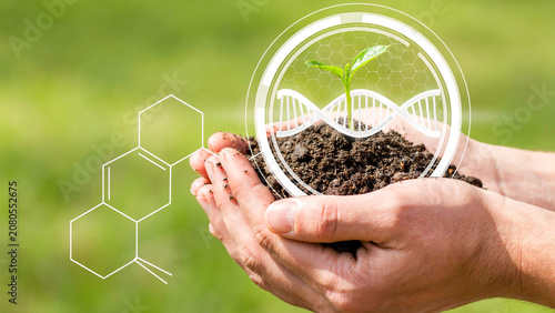 Hands Holding Seedling with DNA Helix Overlay: A close-up of hands cupping rich soil with a young plant sprouting, overlaid with a DNA helix and molecular structure graphic.