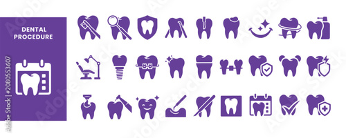 Dental Procedures Icon Set Vector Tooth Care Flat Purple Design