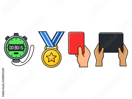Sport and Referee Icon Set with Stopwatch Medal Red Card and Tablet