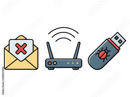 Cybersecurity and Network Threat Icon Set with Malware USB