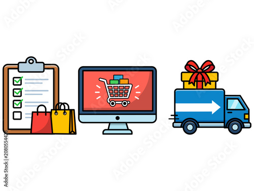 E-commerce process illustration for online shopping and delivery
