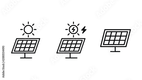 Solar panel icon outline set with sun and lightning bolt symbols