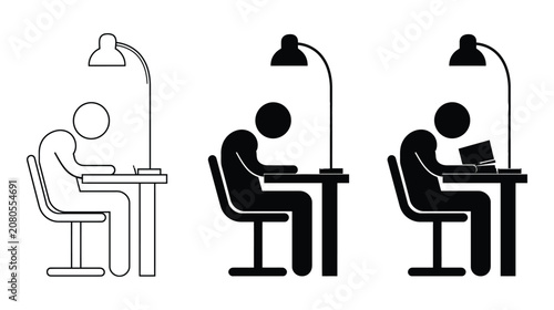 Person icon vector set depicting individuals working at desks