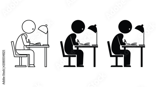 Person icon set depicting people working at desks with lamps