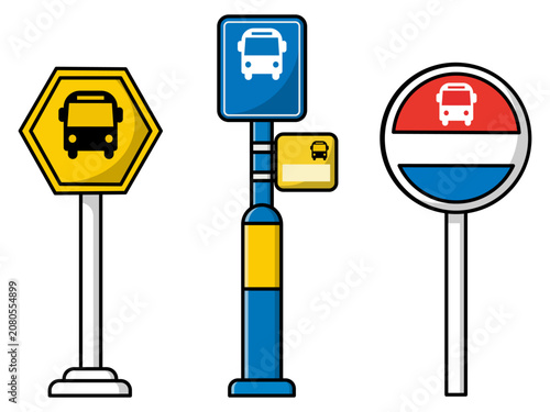 Bus stop sign icon set illustration