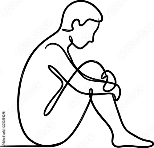 Cuadro en lienzo Minimalist continuous line art of a lonely person sitting in fetal position