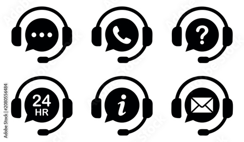 Silhouette icon set of customer support symbols featuring headset, chat, phone, email, info and 24hr service for business design