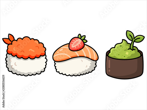 Cute Kawaii Sushi Icons Set with Salmon and Wasabi