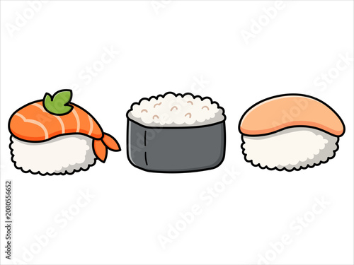 Kawaii Sushi Set Illustration with Shrimp and Salmon Nigiri