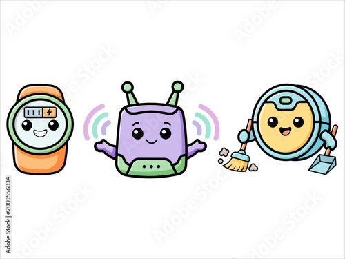 Kawaii Smart Home Electronics and Robot Vacuum Vector Set