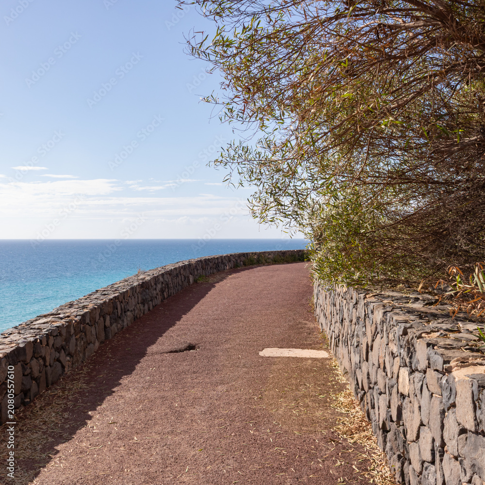 Fototapeta premium Stone promenade along the Atlantic coast at Esquinzo Beach, Fuerteventura, Canary Islands, Spain