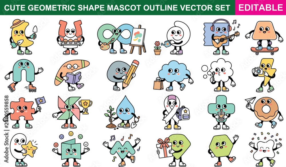 Fototapeta premium Cute geometric shape mascots outline vector set