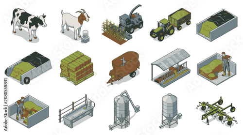 Photos Isometric farm equipment and animals illustration, depicting agricultural machinery and livestock in a stylized manner