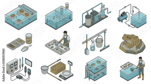 Obraz na plátně Illustration of amphibian breeding and research equipment, including tanks, pumps, and scientific instruments