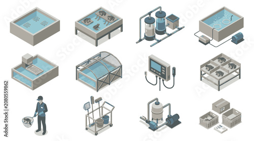 Foto Isometric illustration of aquaculture systems and equipment for fish farming