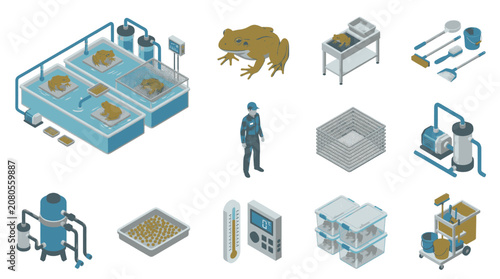 Valokuva Isometric illustration of amphibian breeding and research laboratory equipment and elements