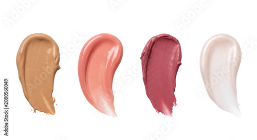 Canvas Print Cosmetic liquid foundation and lipstick cream texture swatches