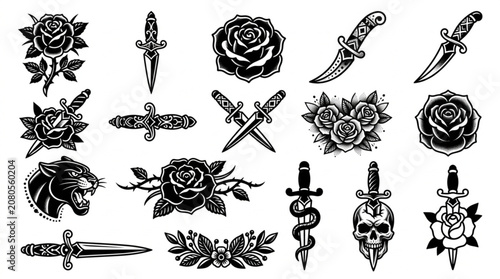 Tableau sur toile Tattoo designs of roses and knives.