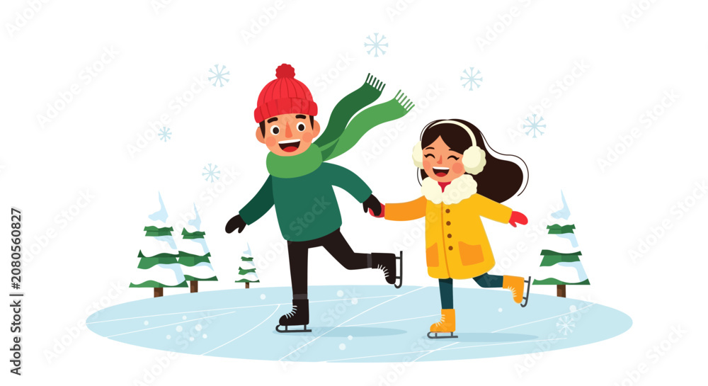 Fototapeta premium Two happy children, a boy and a girl, ice skating together on a snowy winter day with evergreen trees in the background.
