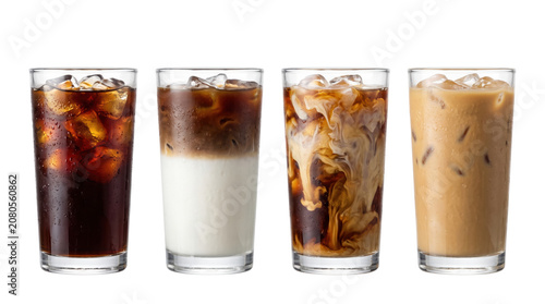 Foto Various iced coffee drinks in tall glasses
