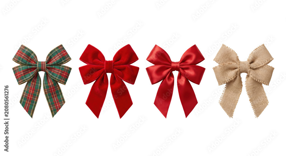 Fototapeta premium Festive decorative ribbon bows in plaid and satin fabric