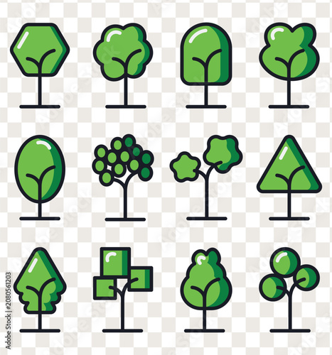 Cute green cartoon tree icons bundle for mobile casual game