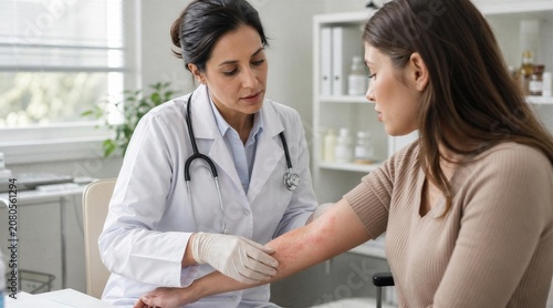 Doctor examining patient arm rash in clinic