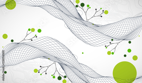 Abstract eco background with wave grid, green circles, and branching lines. Vector
