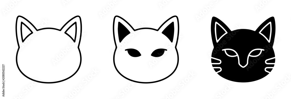 Fototapeta premium Cat Face Icons, Simple Line Art and Silhouette, Animal Graphics