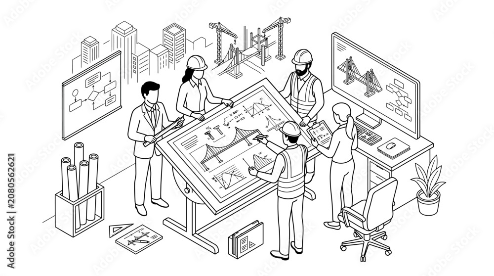 Obraz premium Engineers and architects collaborating on bridge construction project