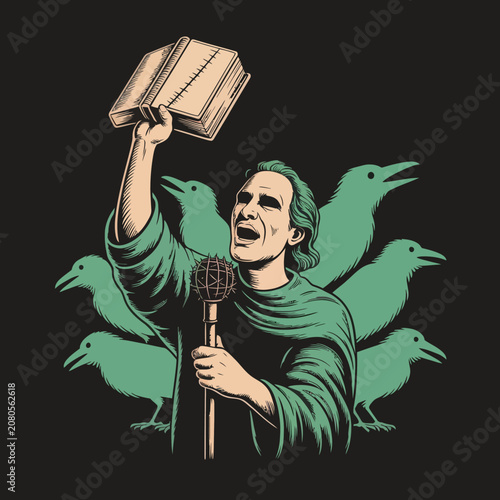 Photos Man holding book and microphone speaking.