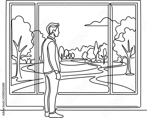 Continuous line drawing of a man looking out a large window at a park.