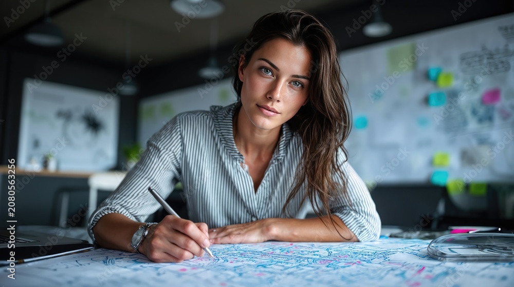 Fototapeta premium Woman architect working on building blueprint in modern office. Professional designer studying project construction drawing. Creative planner analyzing architectural development plan.