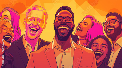 A diverse group of professionals laughing together during a casual office meeting. --ar 16:9 --v 6 Job ID: f95487eb-a1e5-47f9-b1fa-74fe569d6d24