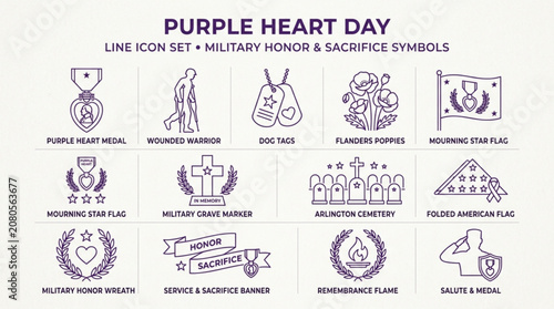 Obraz na płótnie Purple heart day military honor symbols line icon set