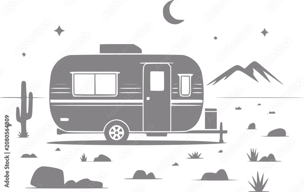 Obraz premium Vintage camper in desert landscape under a crescent moon