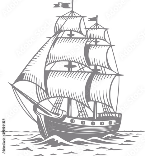 Tableau sur toile Vintage sailing ship with full sails on a wavy sea