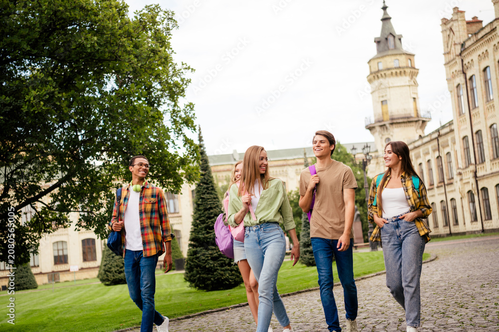 Fototapeta premium Group of university students walking and laughing together on a historic campus lawn with backpacks and casual clothes