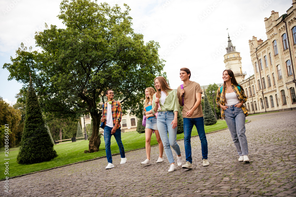 Obraz premium Group of smiling university students walking together on a historic campus pathway by trees and a landmark building, chatting and enjoying a sunny day