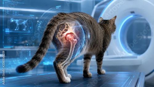 Cat hip joint hip dysplasia and joint laxity photorealistic veterinary diagnostic technology image for animal radiology, orthopedic education, pet healthcare, and clinical marketing copy space