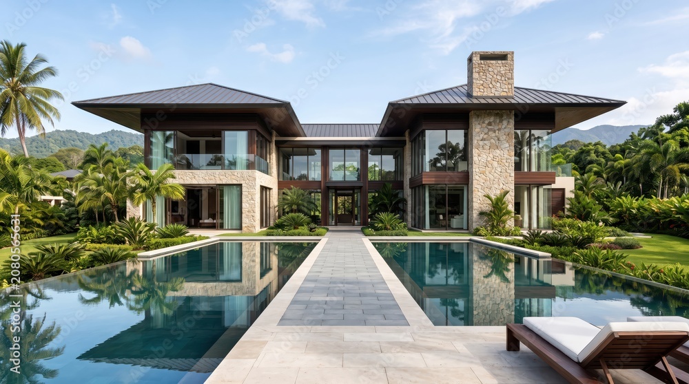 Fototapeta premium Modern tropical villa with twin reflecting pools and stone facade