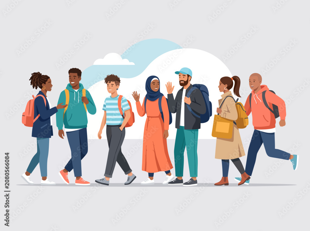 Fototapeta premium Modern Flat Vector Illustration of Diverse University Students Socializing Together