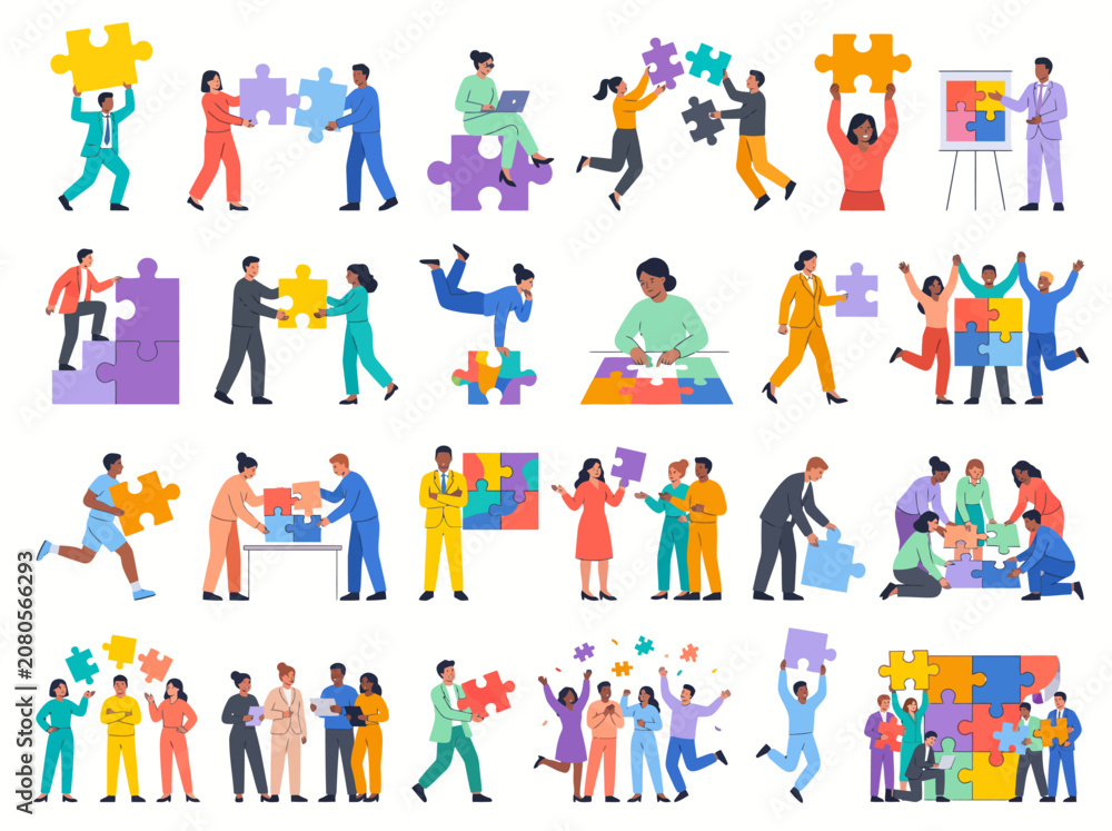 Fototapeta premium Teamwork and Problem Solving with Puzzle Pieces Flat Vector Illustration Collection