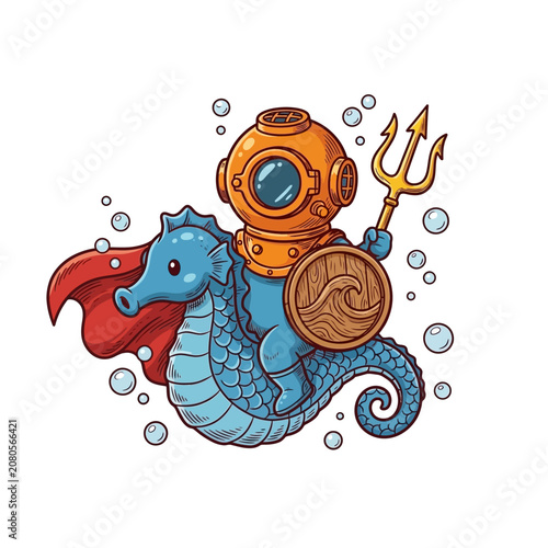 Fotografie A cute cartoon seahorse wearing a red cape, ridden by a small diver in an old helmet holding a trident and shield, surrounded by bubbles