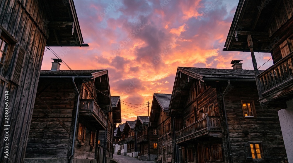 Fototapeta premium A view of a street flanked by traditional houses, set against an evening sky.