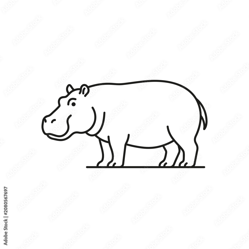 Obraz premium Hippo line art illustration isolated on white background depicting a walking hippopotamus figure.