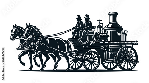 Fotografía Vintage Horse-Drawn Fire Engine with Firefighters illustration