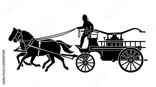 Fotografía Vintage Horse-Drawn Fire Engine Silhouette with Firefighter