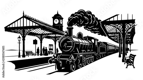 Vintage Steam Train Arriving at Station, Black and White Silhouette